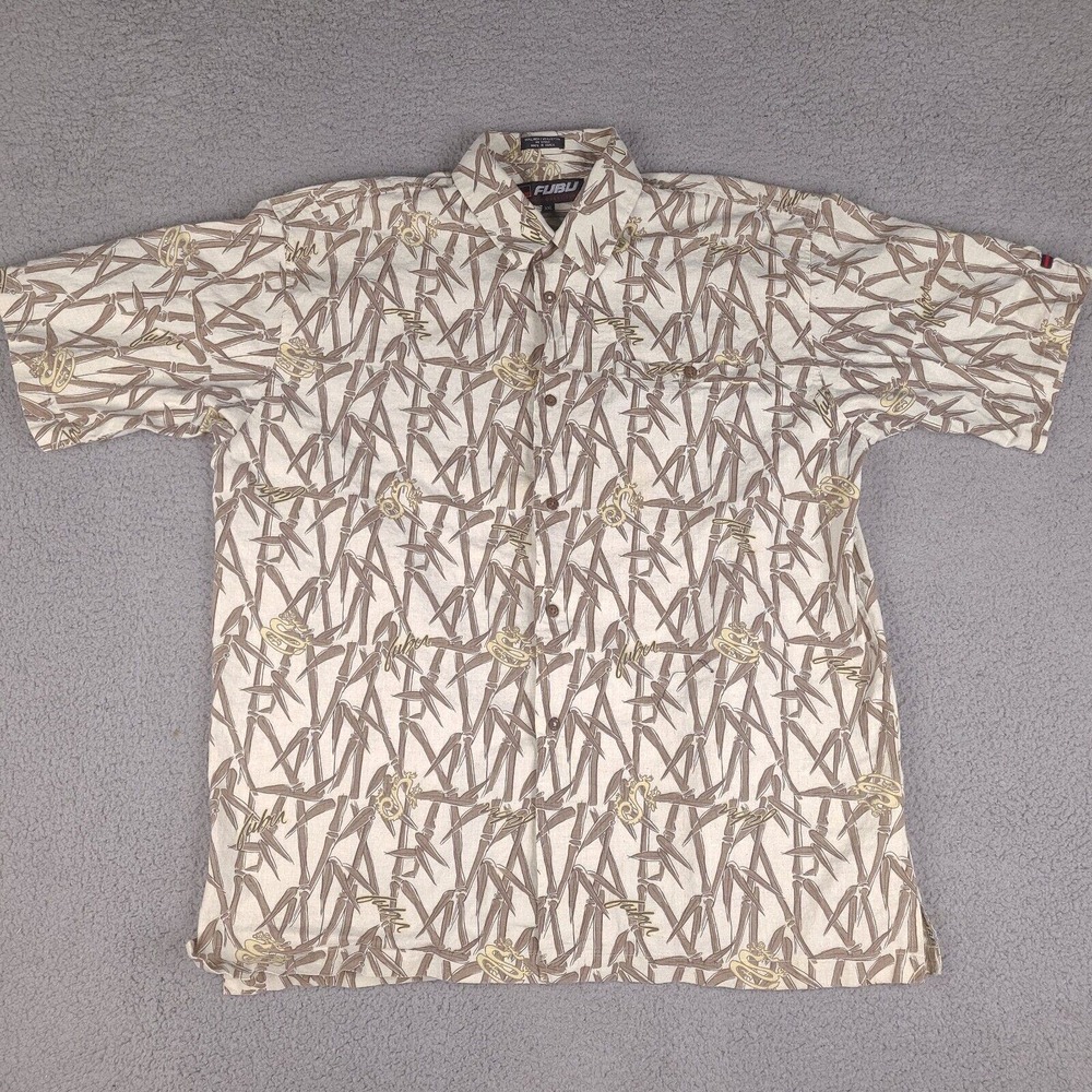 Vintage Fubu Shirt Mens XXL Beige Linen Blend Bamboo Dragon Button Down